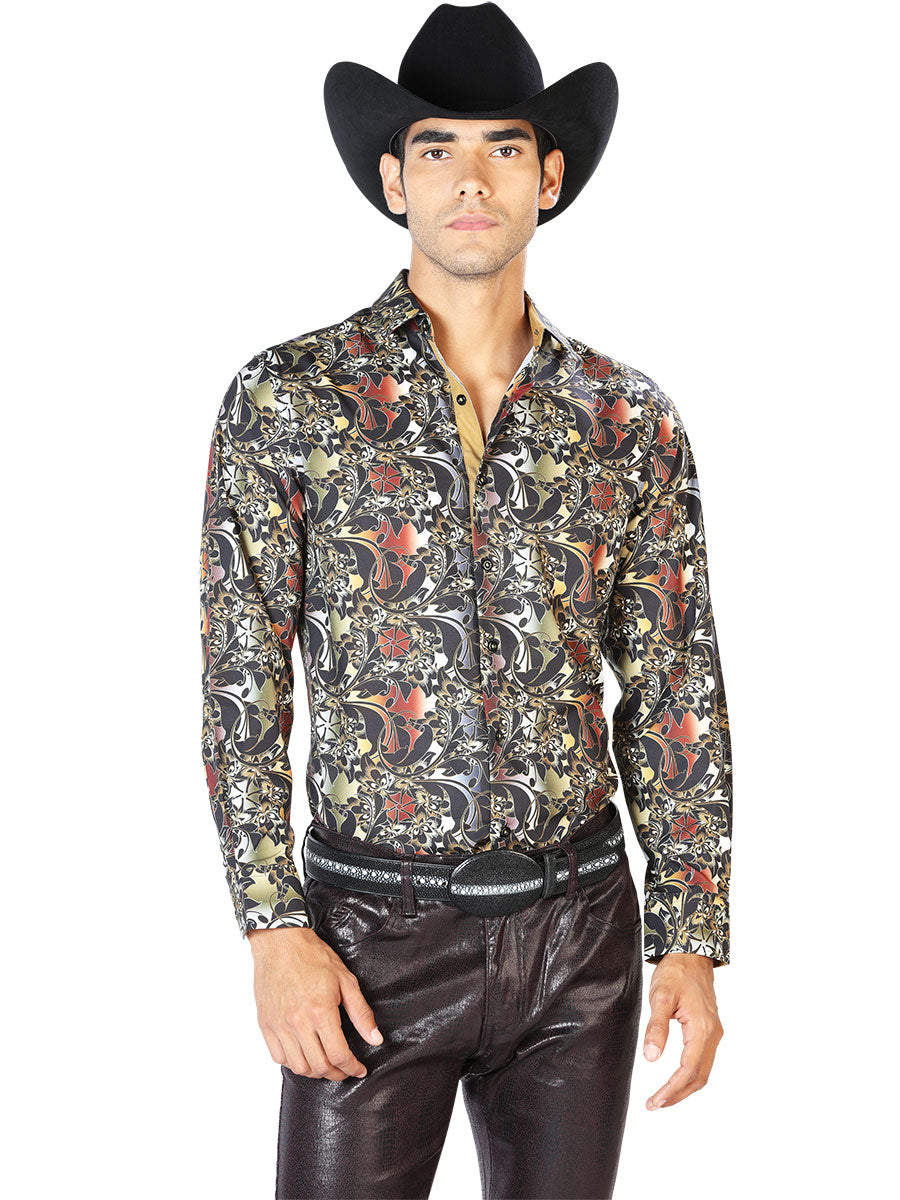 Printed Long Sleeve Denim Shirt - Western Shirt Black/Brown / S / CHI Printed Long Sleeve Denim Shirt - Western Shirt Black/Brown / S / CHI