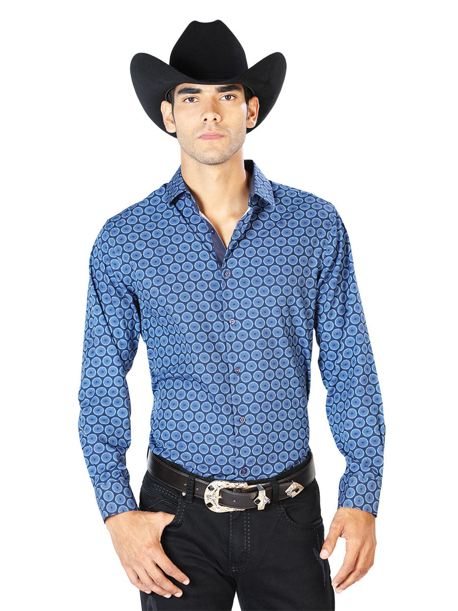 Camisa Vaquera Manga Larga Estampada Azul Marino para Hombre 'El Señor de los Cielos' - ID: 43550 Camisas Estampadas El Señor de los Cielos Navy Blue