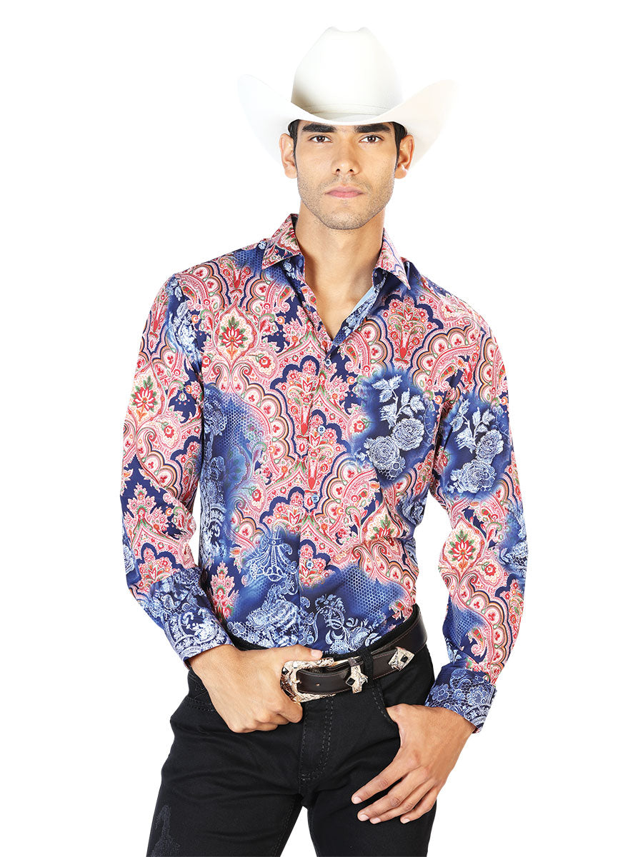 Camisa Vaquera Manga Larga Estampada Azul/Rojo para Hombre 'El Señor de los Cielos' - ID: 43580 Camisas Estampadas El Señor de los Cielos Blue/Red