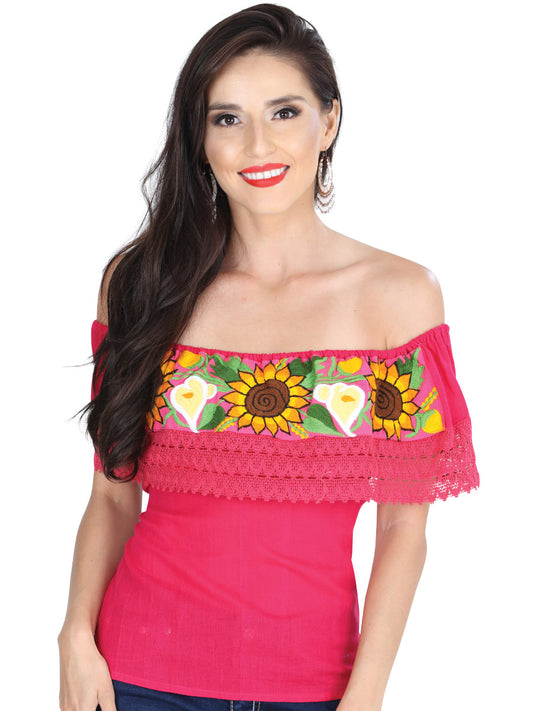 Blusa Artesanal de Olan Bordada de Girasoles para Mujer Handmade Blouse Mexico Artesanal Fuchsia