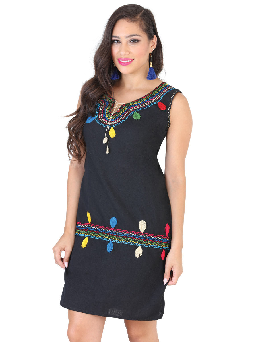 Vestido Artesanal Bordado Cadenilla para Mujer Handmade Dress Mexico Artesanal Black