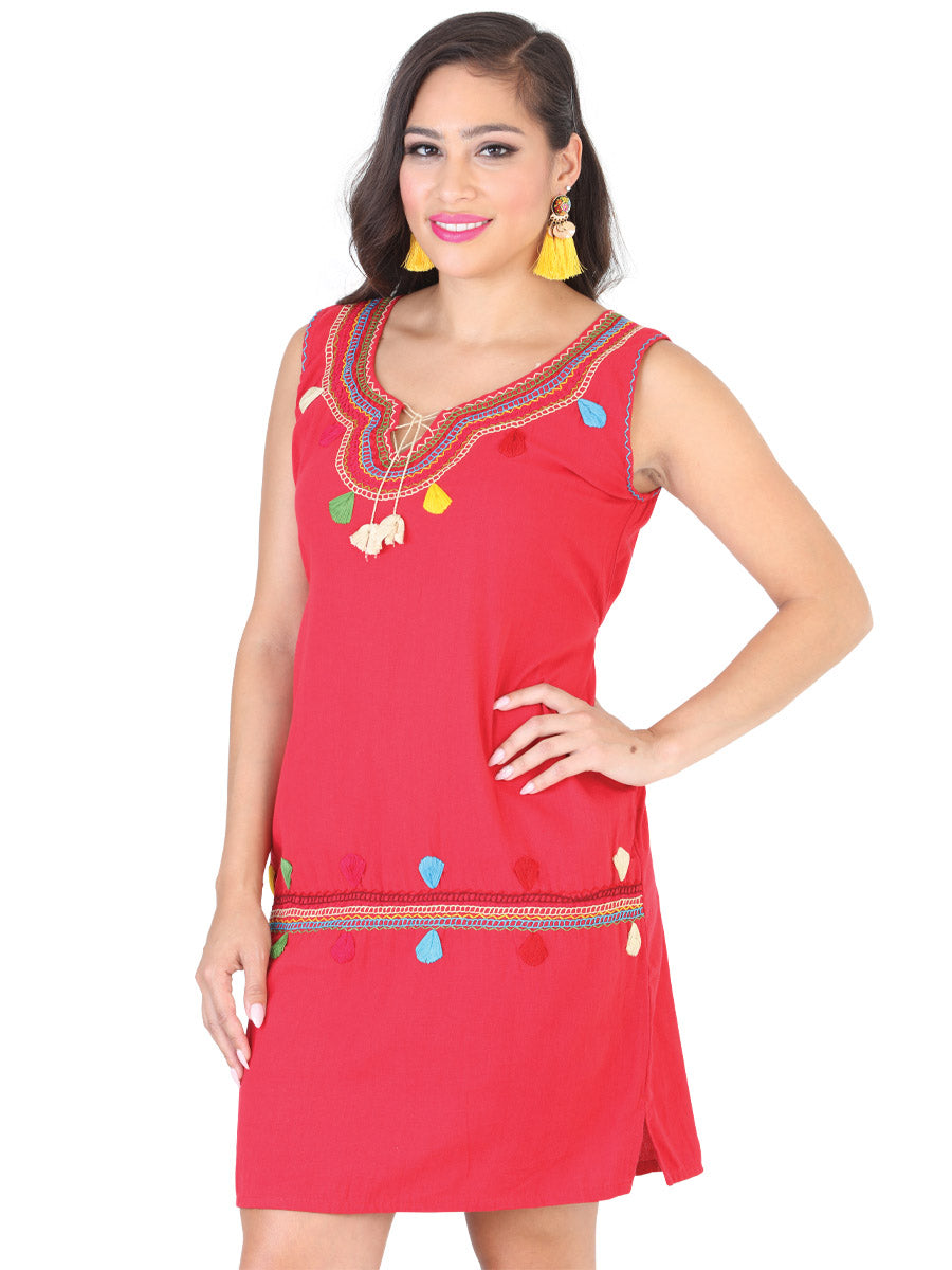 Vestido Artesanal Bordado Cadenilla para Mujer Handmade Dress Mexico Artesanal Red