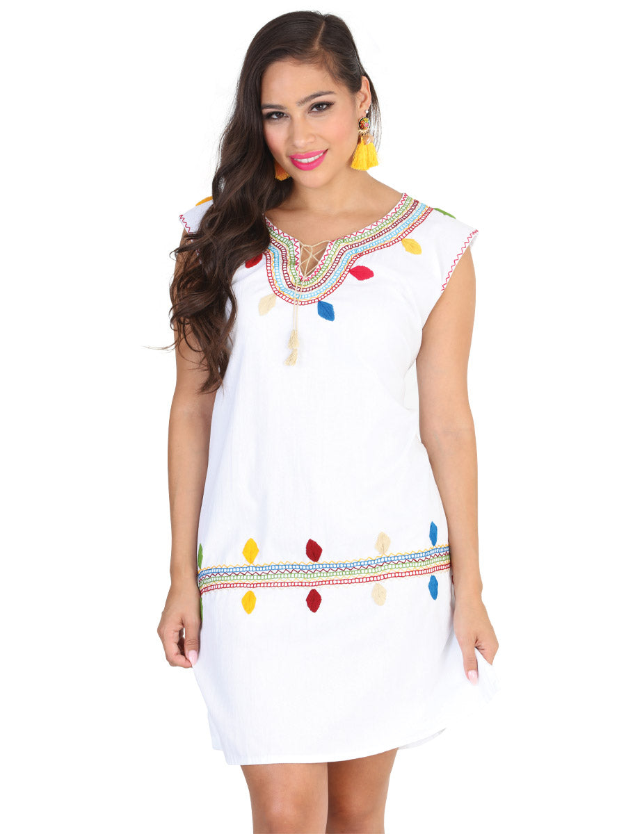 Vestido Artesanal Bordado Cadenilla para Mujer Handmade Dress Mexico Artesanal White