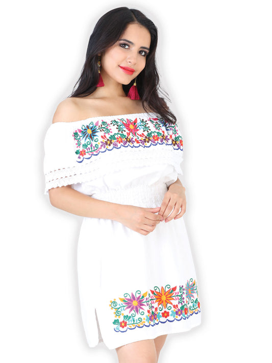 Vestido Artesanal de Olan Bordado de Flores para Mujer Handmade Dress Mexico Artesanal White