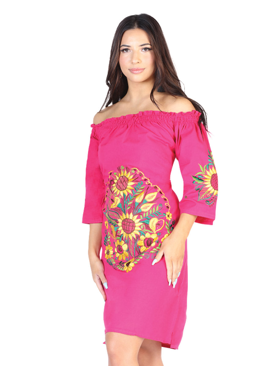 Handmade Dress 3/4 Sleeve Embroidered Sunflowers - Handmade Dress fuchsia / SM/CH-M Handmade Dress 3/4 Sleeve Embroidered Sunflowers - Handmade Dress fuchsia / SM/CH-M