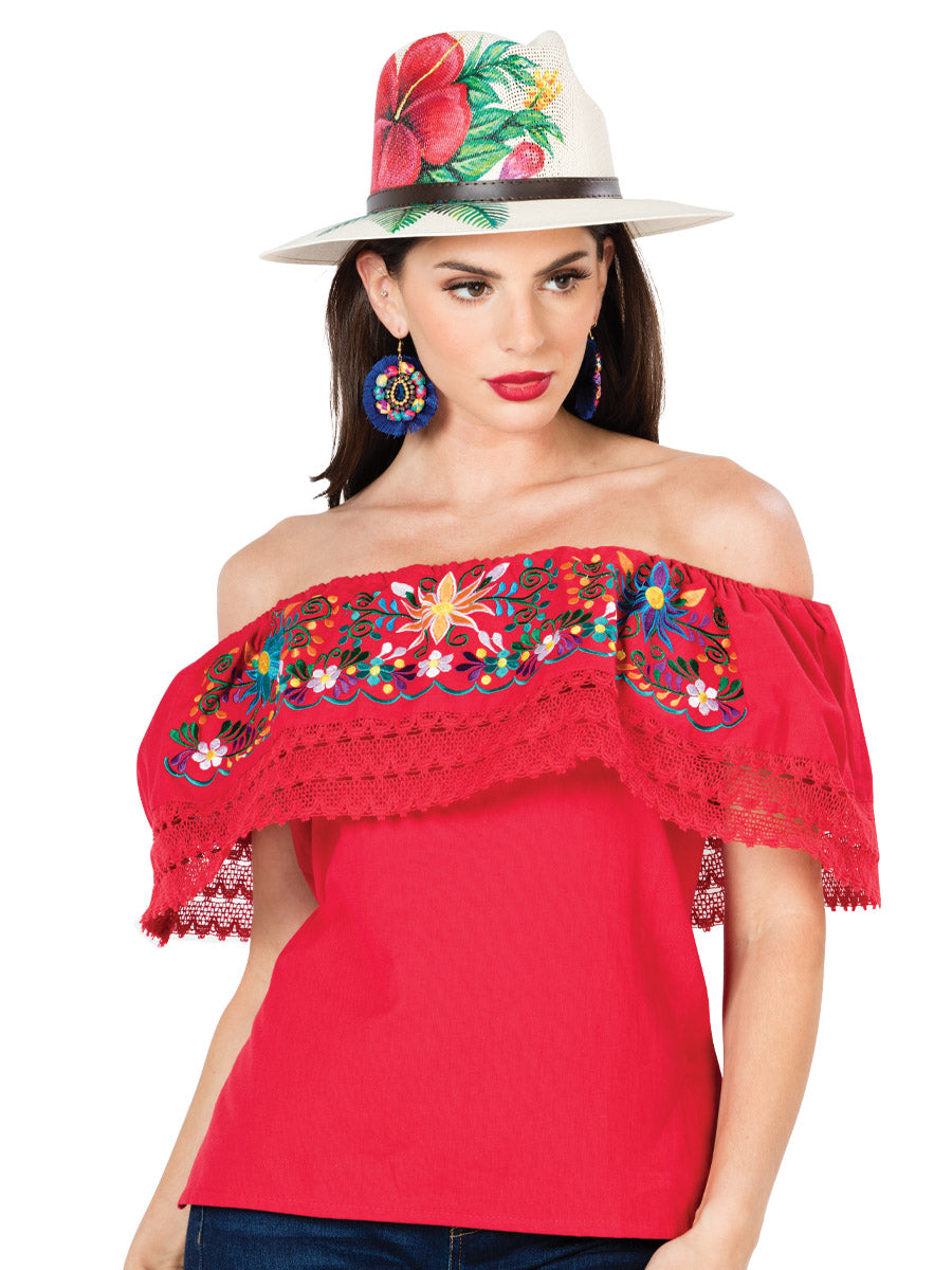 Blusa Artesanal de Olan Bordada de Flores para Mujer Handmade Blouse Mexico Artesanal Red