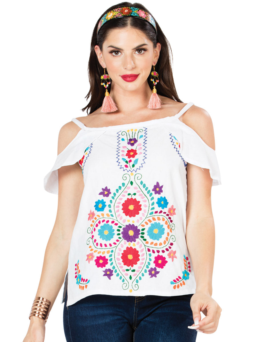 Blusa Artesanal de Hombros descubietos Bordada de Flores para Mujer Handmade Blouse Mexico Artesanal White