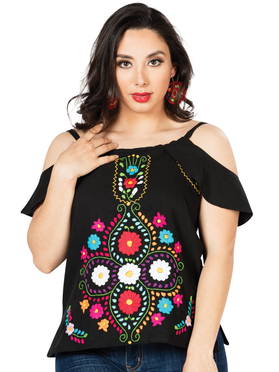 Blusa Artesanal de Hombros descubietos Bordada de Flores para Mujer Handmade Blouse Mexico Artesanal Black