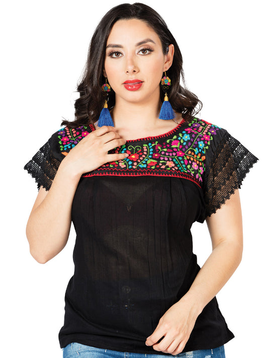 Blusa Artesanal Puebla de Encaje Bordada de Flores para Mujer Handmade Blouse Mexico Artesanal Black