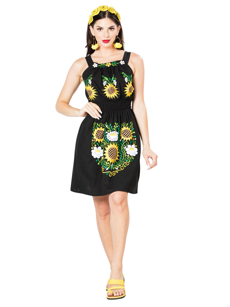 Vestido Artesanal de Tirantes Bordado de Girasoles para Mujer Vestidos Artesanales Mexico Artesanal Black