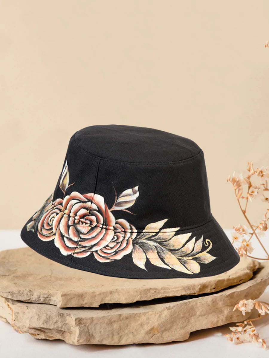 Sombrero Artesanal Floral Pintado a Mano de 100% Algodon para Mujer 'Mexico Artesanal' - ID: 603823 Sombreros Artesanales Mexico Artesanal Black