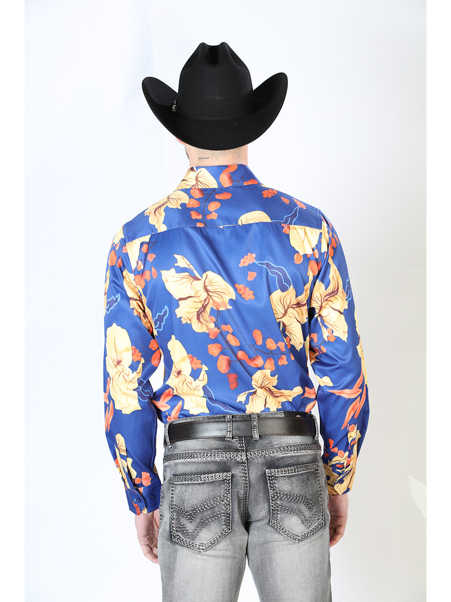 Camisa Vaquera Manga Larga Estampada Floral Azul para Hombre 'El Señor de los Cielos' - ID: 43676 Camisas Florales El Señor de los Cielos