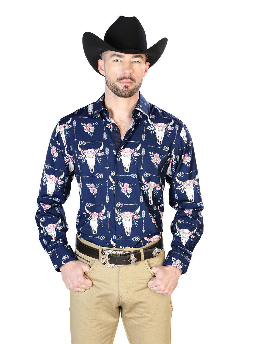 Camisa Vaquera Manga Larga Estampada Calaveras de Toro Azul Marino para Hombre 'El Señor de los Cielos' - ID: 43694 Camisas Estampadas El Señor de los Cielos Navy Blue