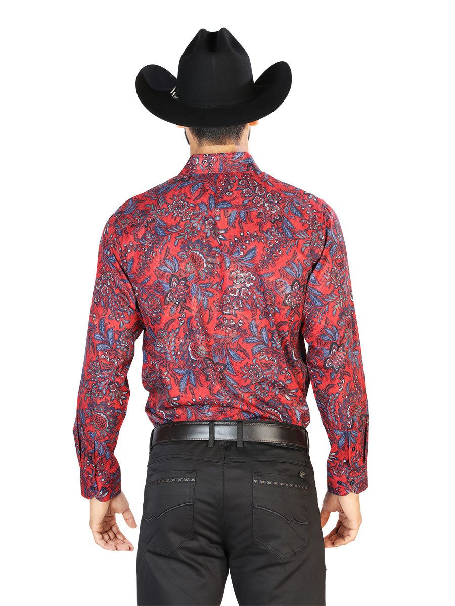 Camisa Vaquera Manga Larga Estampada Cachemir Rojo para Hombre 'El Señor de los Cielos' - ID: 43856 Camisas Estampadas El Señor de los Cielos