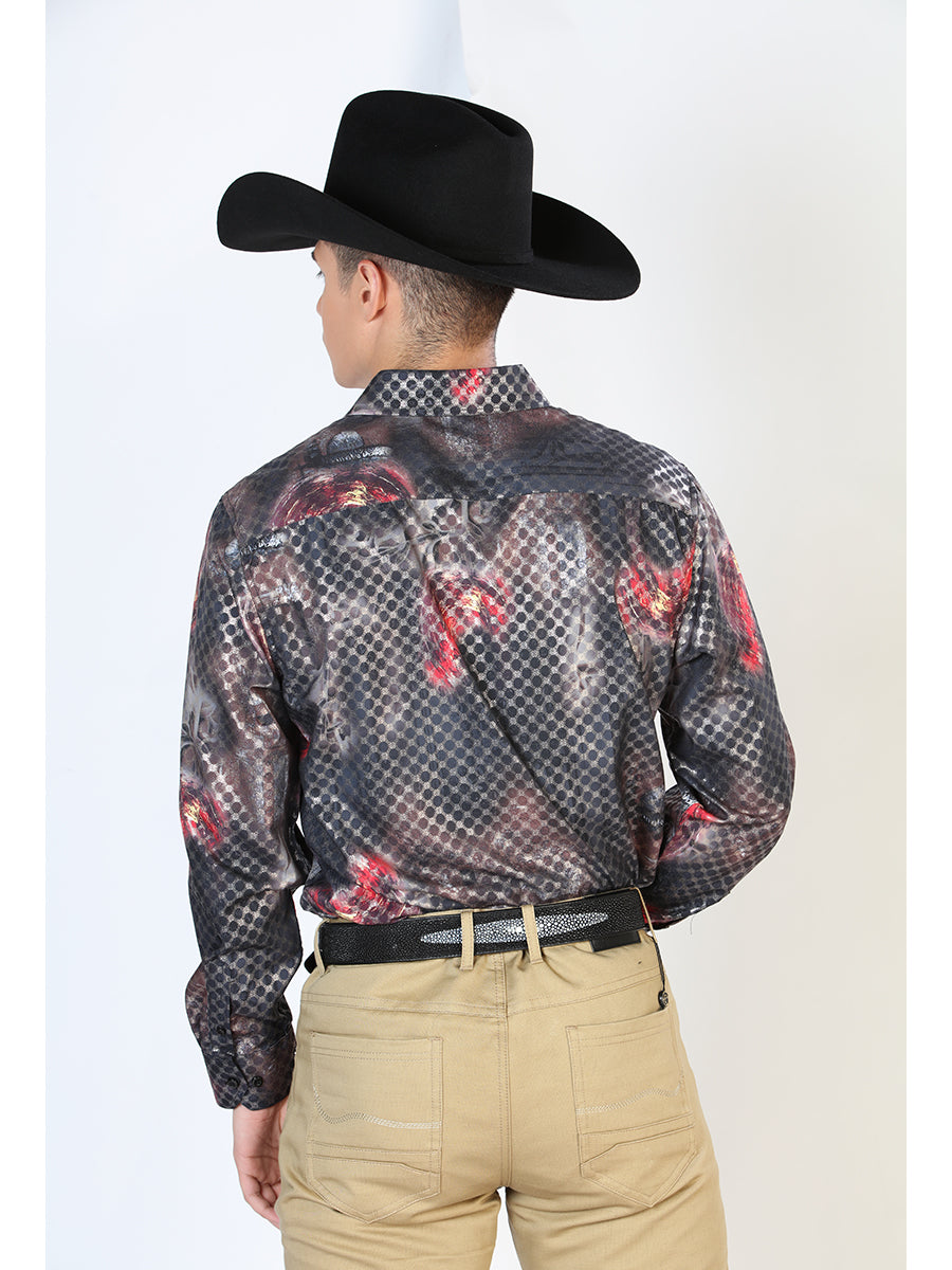 Camisa Vaquera Manga Larga Estampada Negro/Multicolor para Hombre 'El Señor de los Cielos' - ID: 43858 Camisas Estampadas El Señor de los Cielos