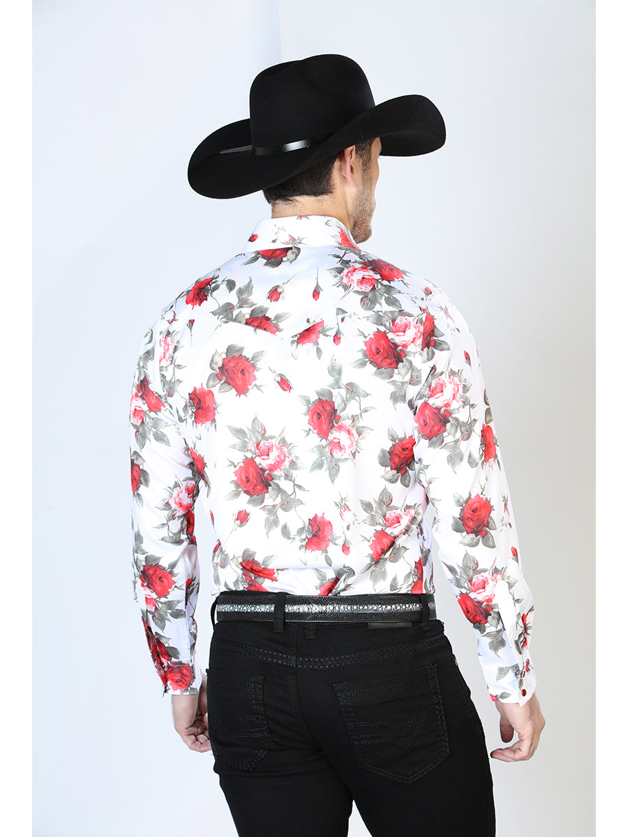 Camisa Vaquera Manga Larga de Broches Estampada Floral Blanco/Flores para Hombre 'El Señor de los Cielos' - ID: 43935 Camisas Florales El Señor de los Cielos