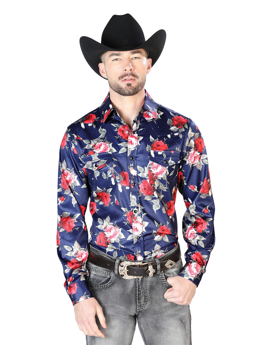 Long Sleeve Denim Shirt with Floral Print Brooches - Western Shirt Blue/Flowers / M/MED Long Sleeve Denim Shirt with Floral Print Brooches - Western Shirt Blue/Flowers / M/MED