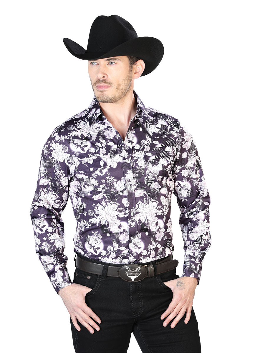 Long Sleeve Denim Shirt with Wine / White Floral Print Brooches for Men  'The Lord of the Skies' - ID: 43948