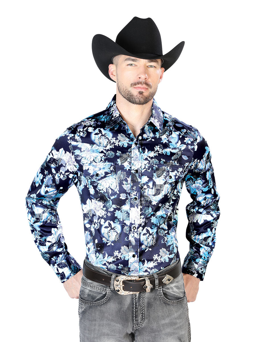 Camisa Vaquera Manga Larga de Broches Estampada Floral Azul/Flores para Hombre 'El Señor de los Cielos' - ID: 43958 Camisas Florales El Señor de los Cielos Blue/Flowers