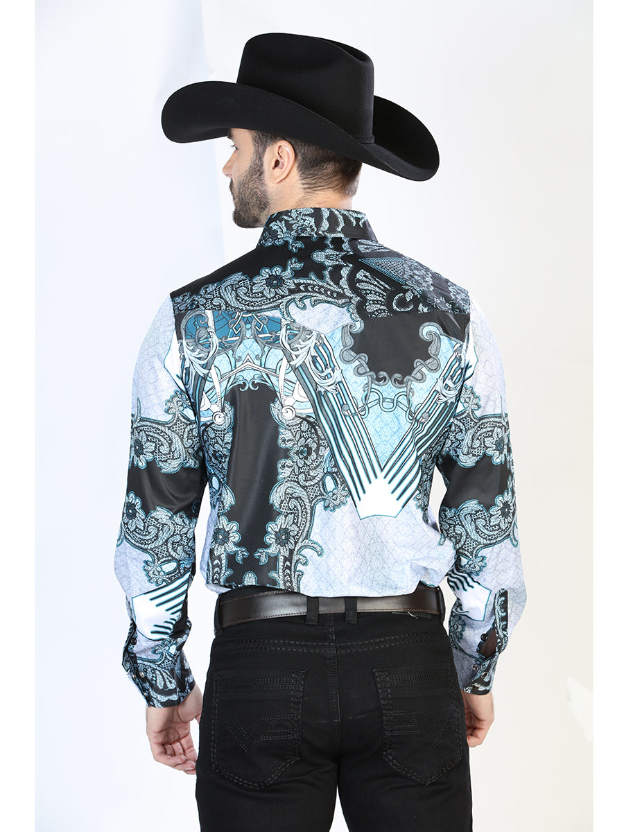 Camisa Vaquera Manga Larga de Broches Estampada Negro/Gris para Hombre 'El Señor de los Cielos' - ID: 44095 Camisas Estampadas El Señor de los Cielos