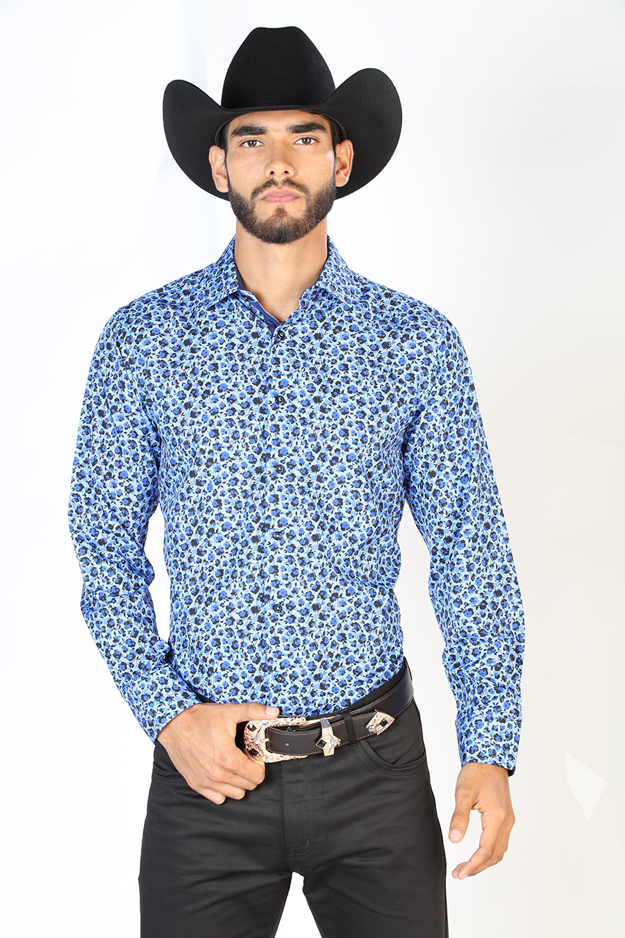 Camisa Vaquera Manga Larga Estampada Azul Claro para Hombre 'El Señor de los Cielos' ID: 126266
