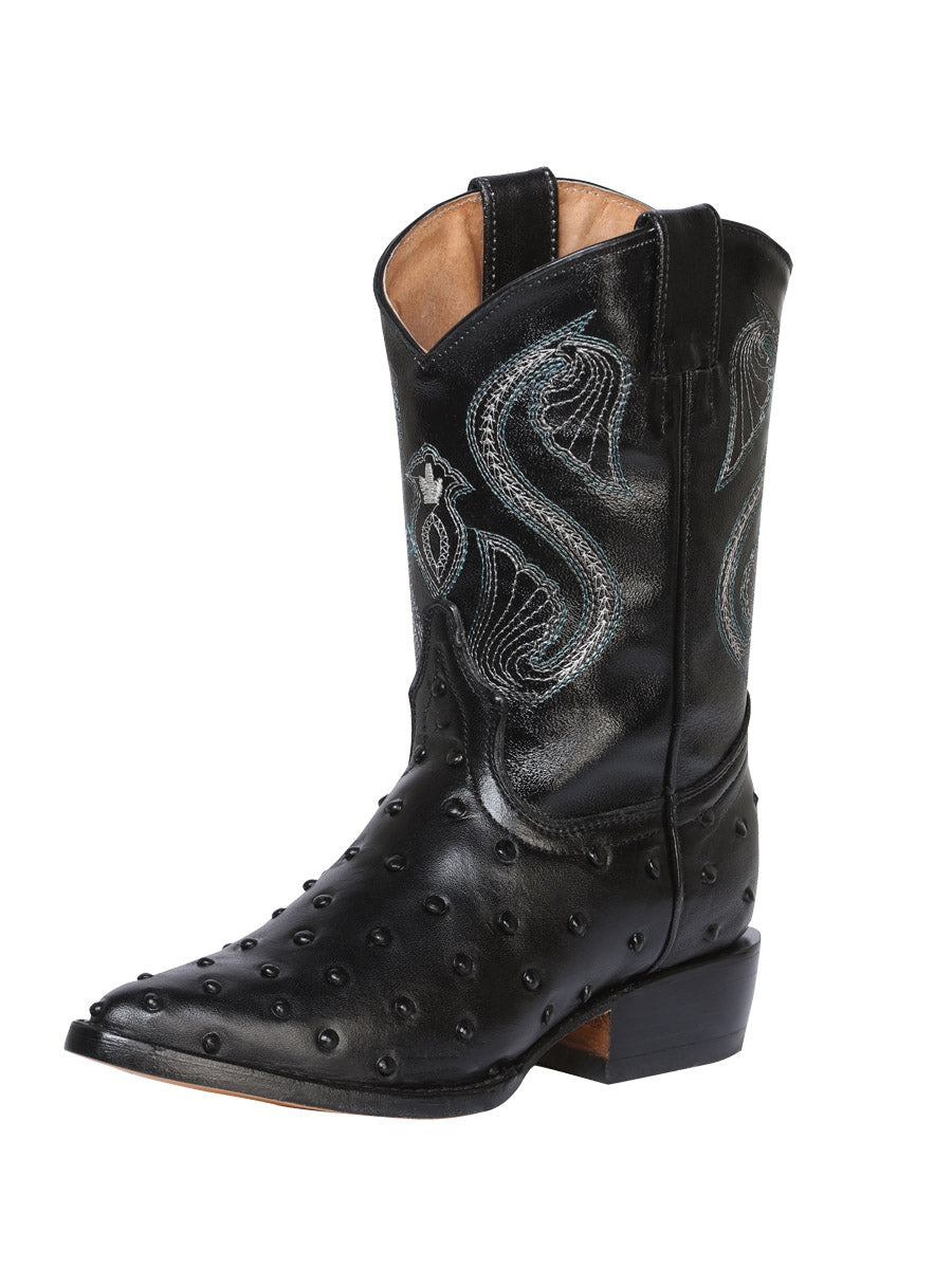 Kids - Imitation Ostrich Engraved Cow Leather Cowboy Boots for Children 'Montenegro' - ID: 5841
