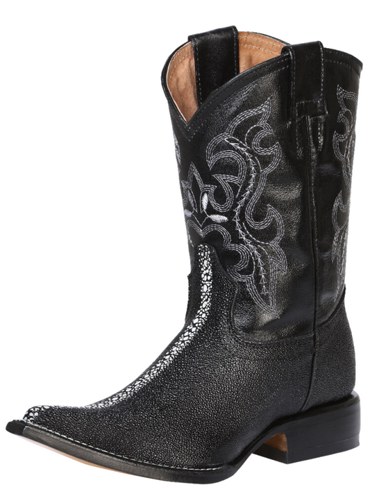 Kids- Cowboy Boots Imitation of Full Pearl Stingray Engraving in Cow Leather for Children 'El General' - ID: 31666