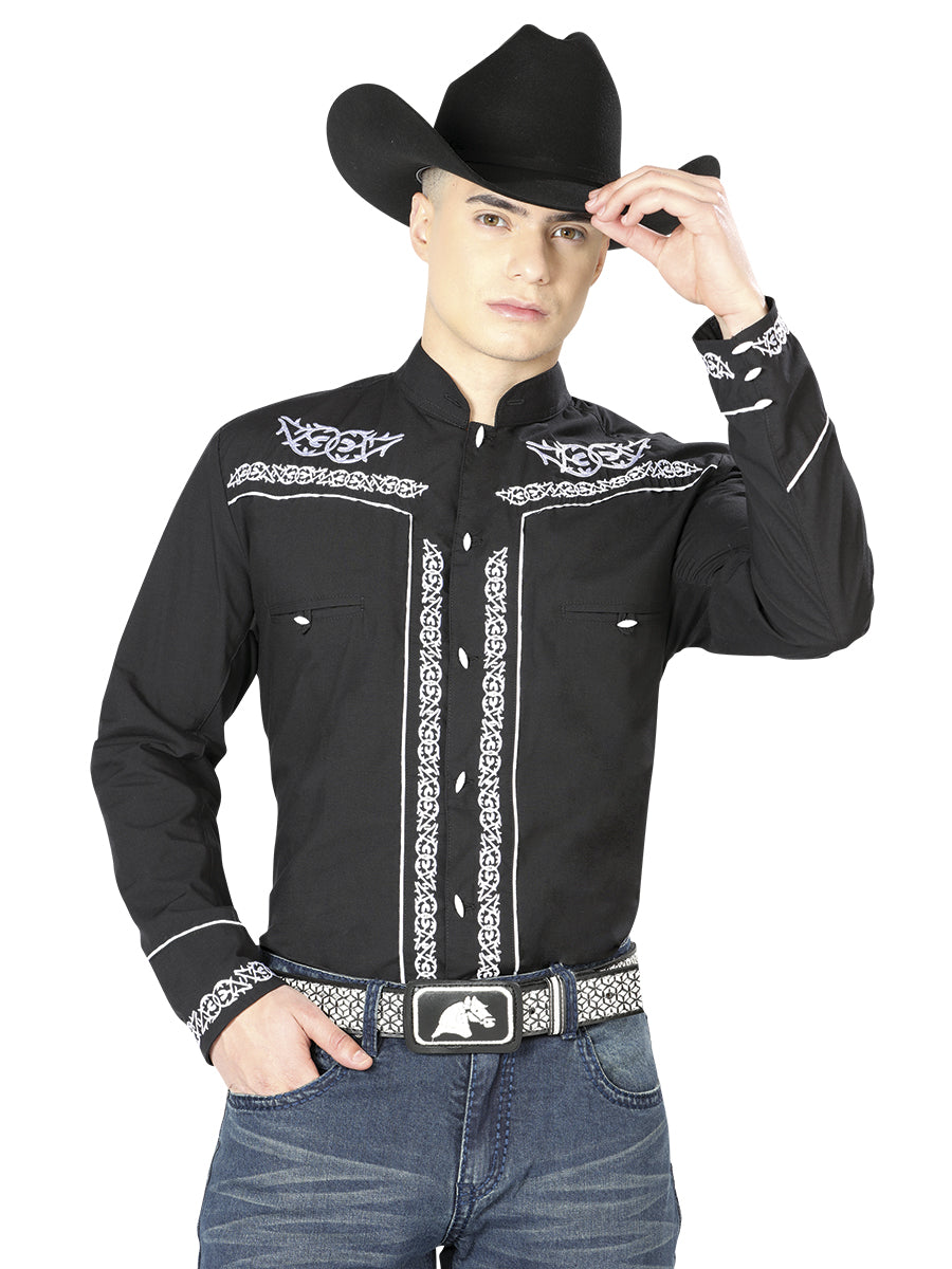 Black Long Sleeve Embroidered Charro Denim Shirt for Men 'El Señor de los Cielos' - ID: 40782 Western Shirt El Señor de los Cielos