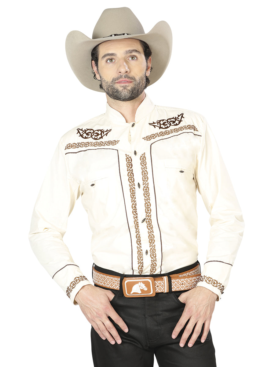 Charra Embroidered Long Sleeve Beige Cowboy Shirt for Men 'The Lord of the Skies' - ID: 40784