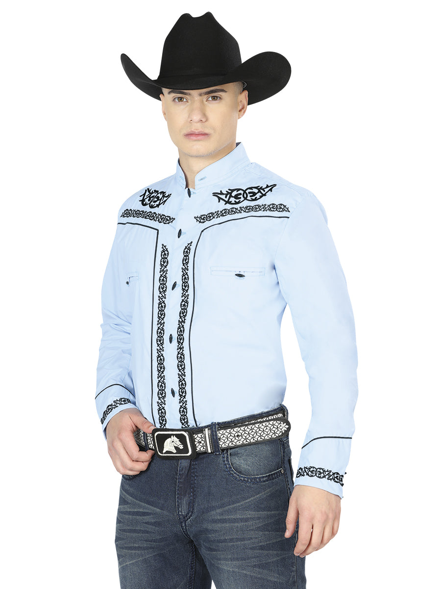 Light Blue Long Sleeve Embroidered Charra Cowboy Shirt for Men 'The Lord of the Skies' - ID: 40785
