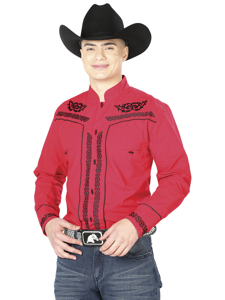 Camisa Vaquera Charra Bordada Manga Larga Rojo para Hombre 'El Señor de los Cielos' - ID: 40786 Western Shirt El Señor de los Cielos Red