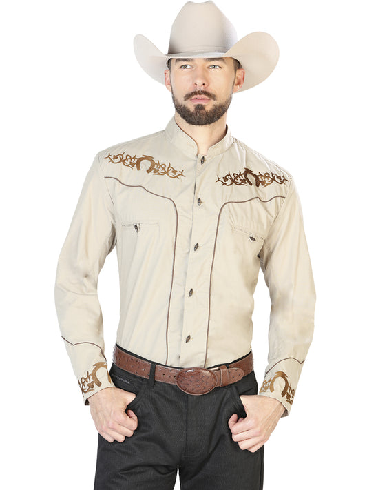 Khaki Long Sleeve Embroidered Charro Denim Shirt for Men 'El Señor de los Cielos' - ID: 40789 Western Shirt El Señor de los Cielos Khaki