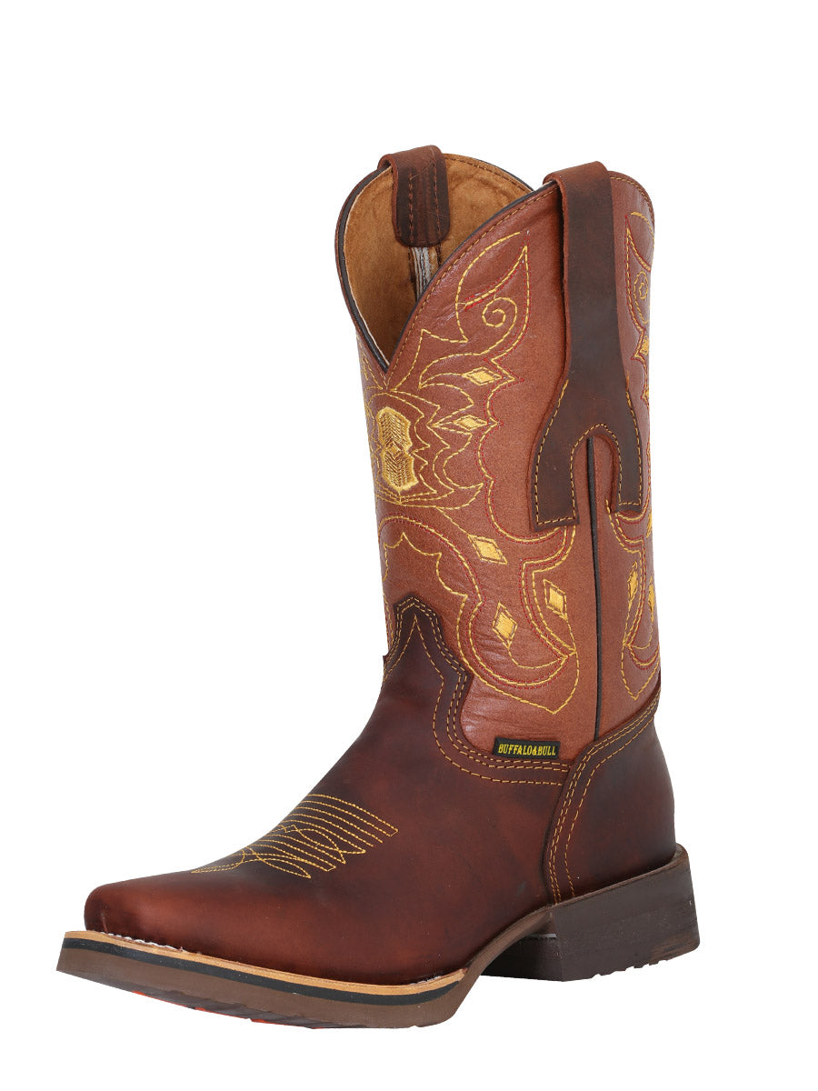 Classic Genuine Leather Rodeo Cowboy Boots for Women/Youth 'Buffalo & Bull' - ID: 40951 Genuine Buffalo & Bull Mocha Leather Rodeo Boots