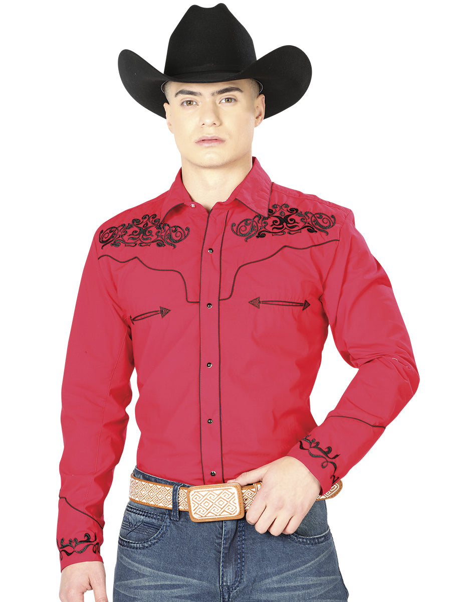 Red Long Sleeve Embroidered Denim Shirt for Men 'El General' - ID: 40989