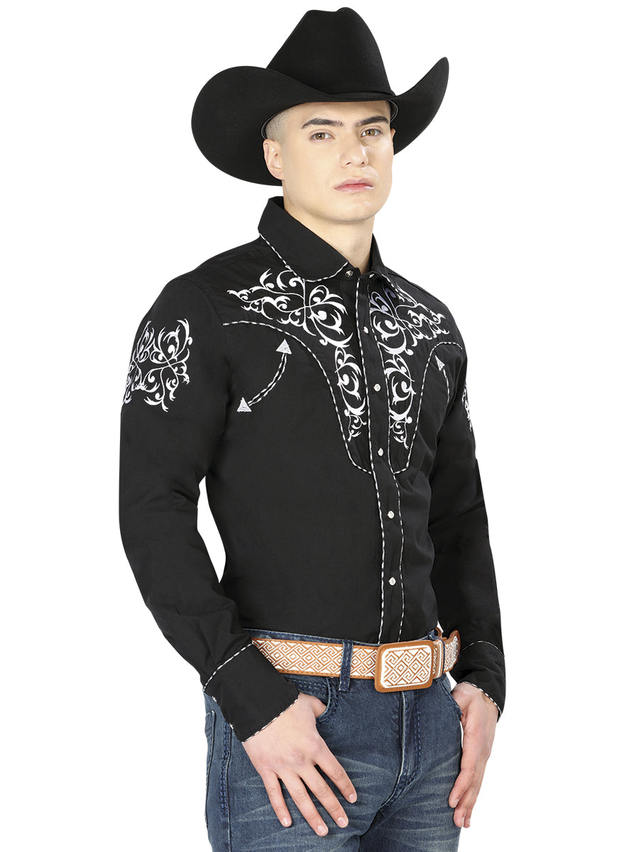 Black Long Sleeve Embroidered Denim Shirt for Men 'The Lord of the Skies' - ID: 40990