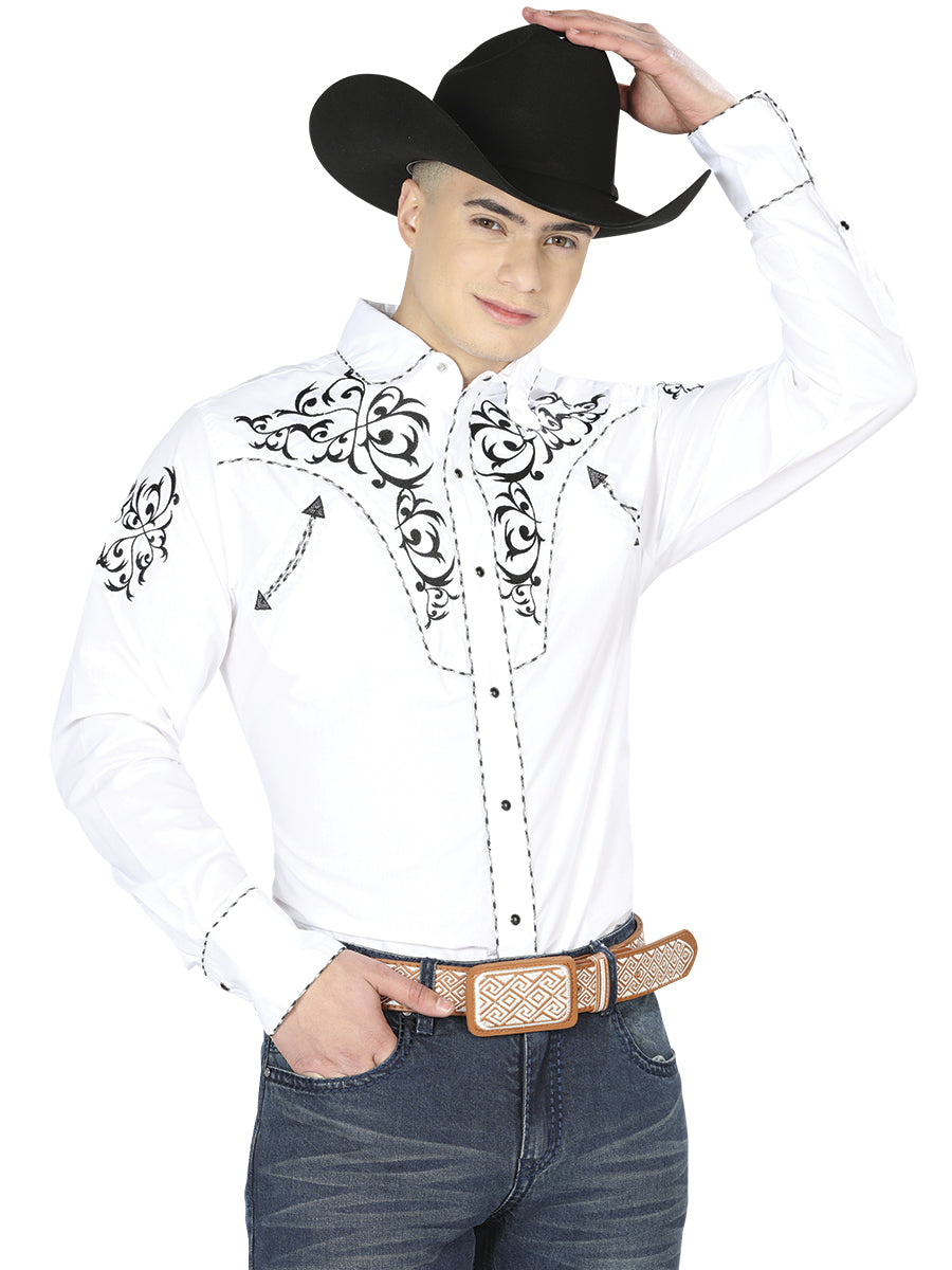 White Long Sleeve Embroidered Denim Shirt for Men 'The Lord of the Skies' - ID: 40991