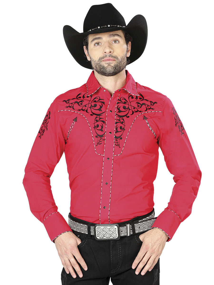 Camisa Vaquera Bordada Manga Larga Rojo para Hombre 'El Señor de los Cielos' - ID: 40992 Western Shirt El Señor de los Cielos 