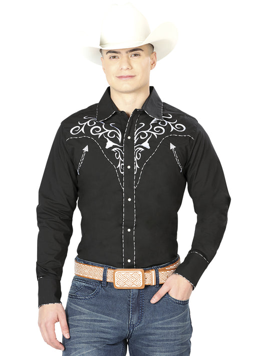 Black Long Sleeve Embroidered Denim Shirt for Men 'The Lord of the Skies' - ID: 41003