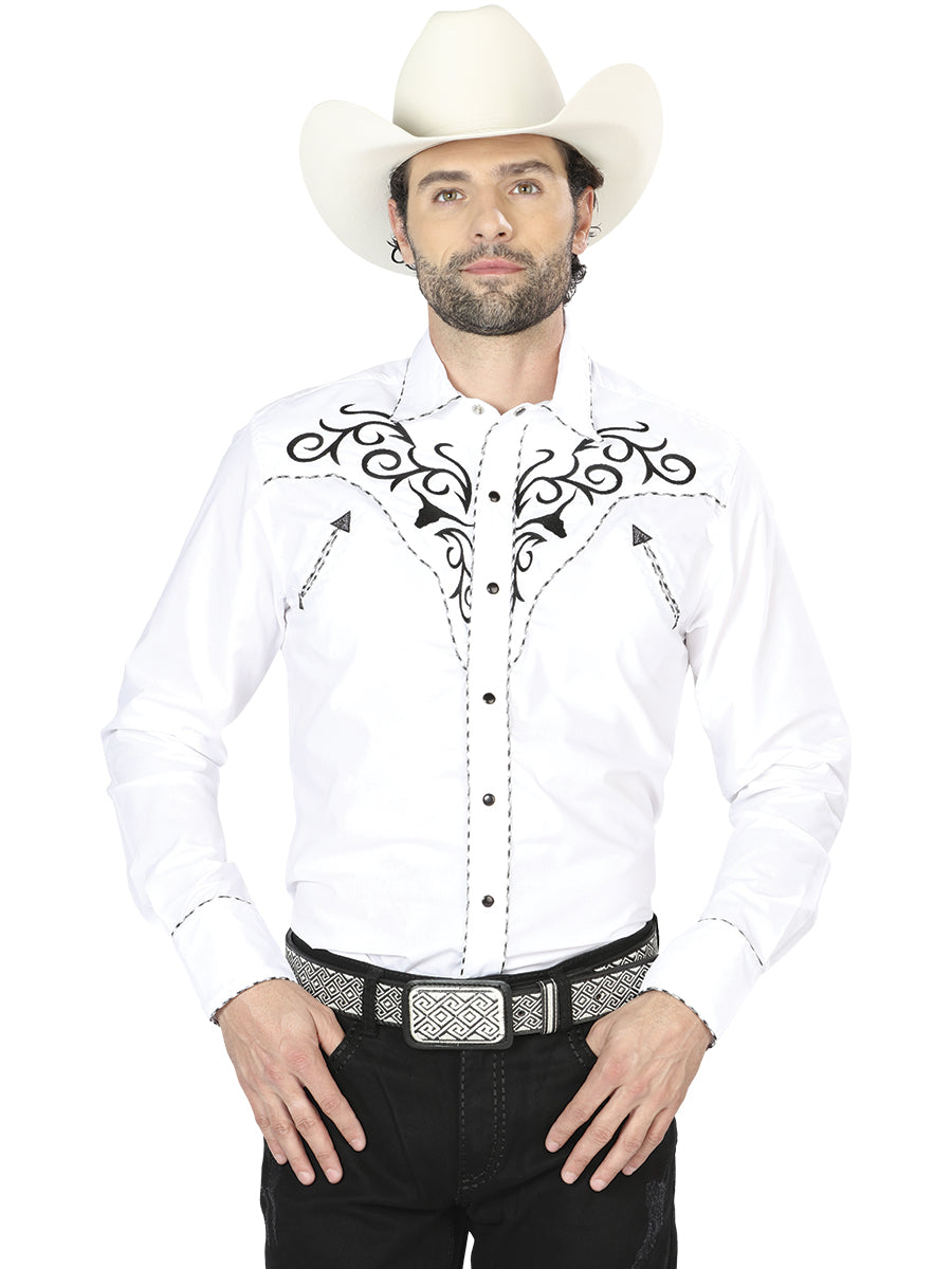 Camisa Vaquera Bordada Manga Larga Blanco para Hombre 'El Señor de los Cielos' - ID: 41004 Western Shirt El Señor de los Cielos 