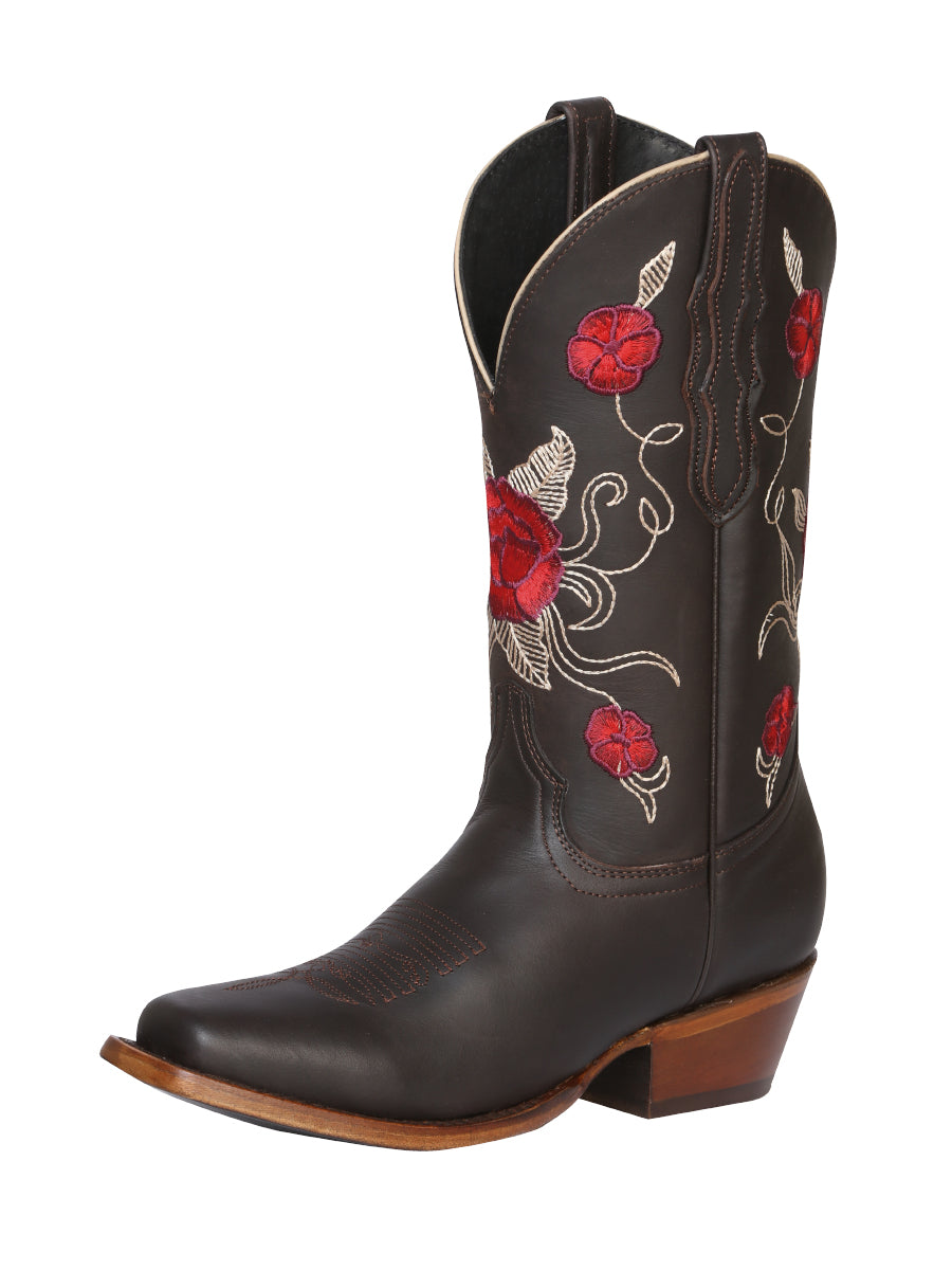 Botas Vaqueras Rodeo con Tubo Bordado de Flores de Piel Genuina para Mujer 'El General' - ID: 41785 Botas Rodeo Piel Genuina El General Choco