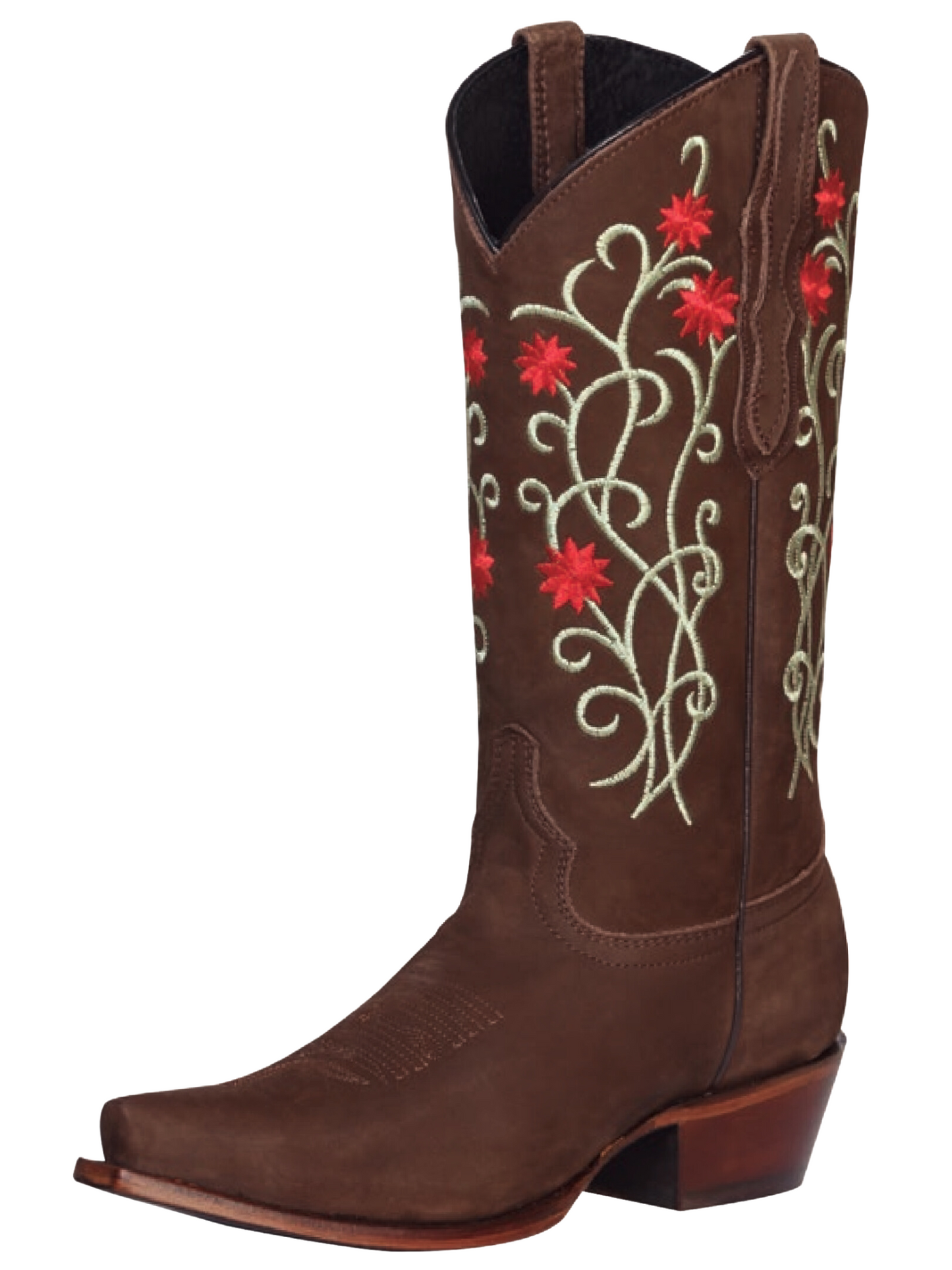 Retro Cowboy Boots with Nobuck Leather Flowers Embroidered Tube for Women 'El General' - ID: 41789