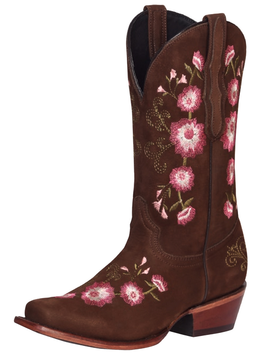 Rodeo Cowboy Boots with Nubuck Leather Flower Embroidered Tube for Women 'El General' - ID: 41842 Cowgirl Boots El General Camel