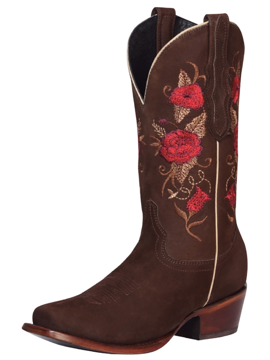 Rodeo Cowboy Boots with Nubuck Leather Flower Embroidered Tube for Women 'El General' - ID: 42025 Cowgirl Boots El General Canela