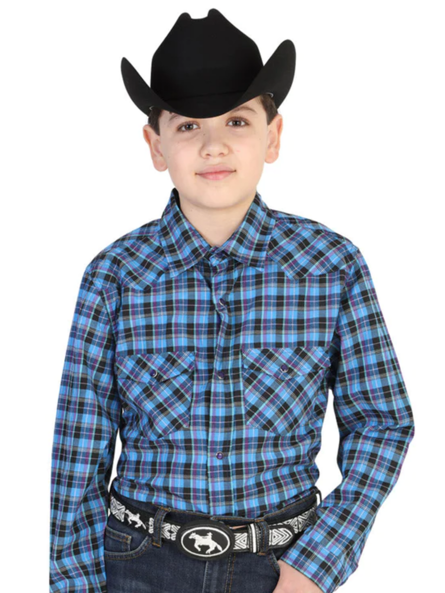 Long Sleeve Denim Shirt with Pockets Printed Royal Blue Squares for Boys 'El General' - ID: 42320