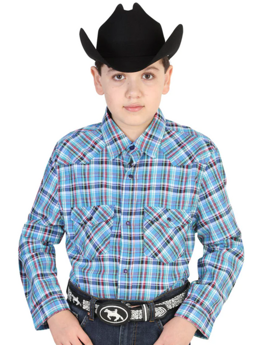 Long Sleeve Denim Shirt with Pockets Printed Blue / Green Squares for Boys 'El General' - ID: 42321