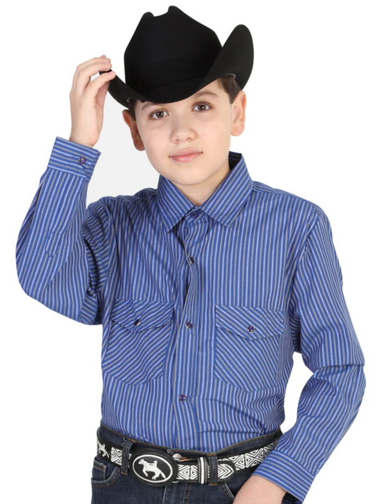 Long Sleeve Denim Shirt with Pockets Printed Navy Blue Stripes for Boys 'El General' - ID: 42455