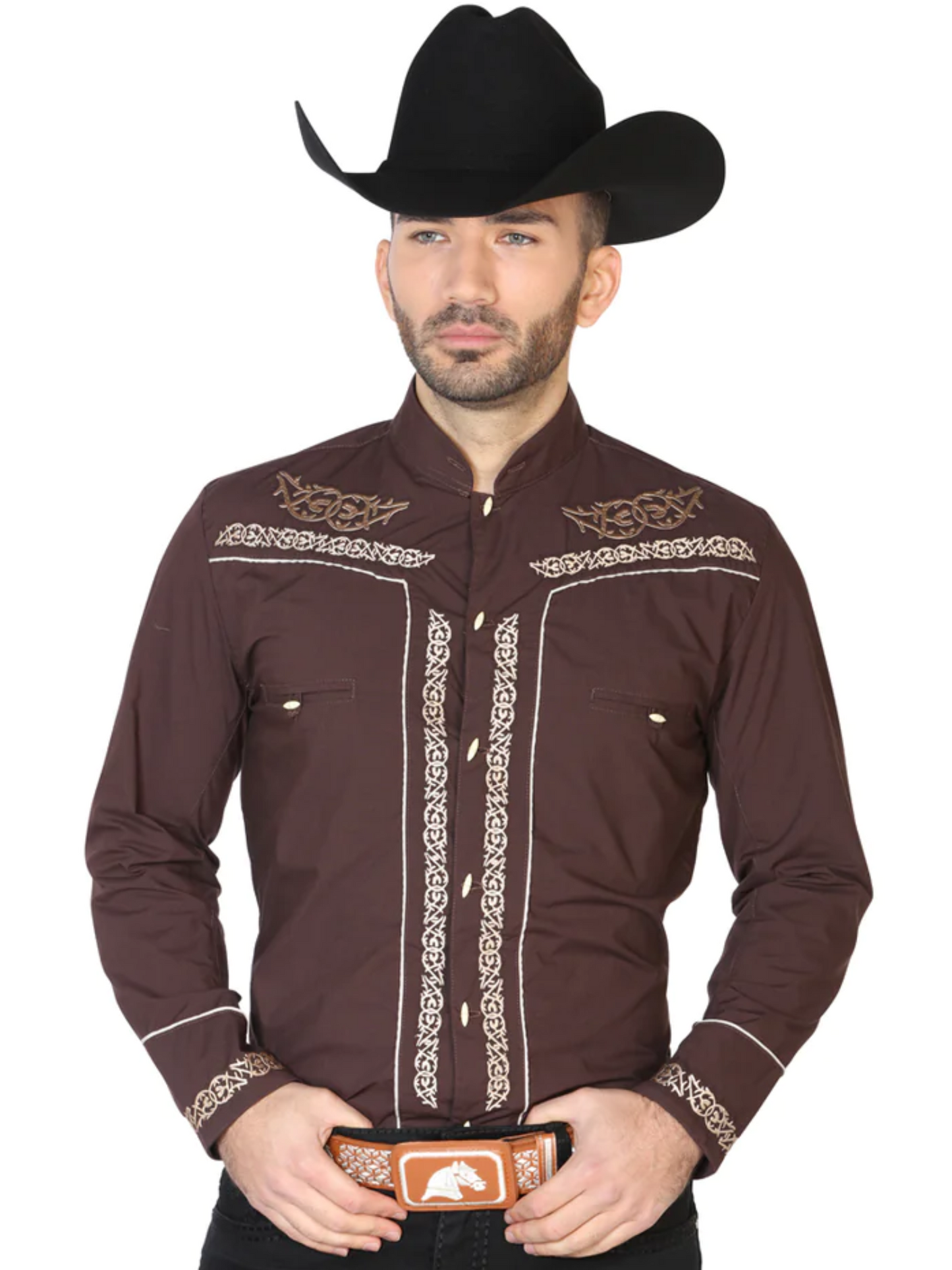 Charra Embroidered Long Sleeve Coffee Cowboy Shirt for Men 'The Lord of the Skies' - ID: 42876