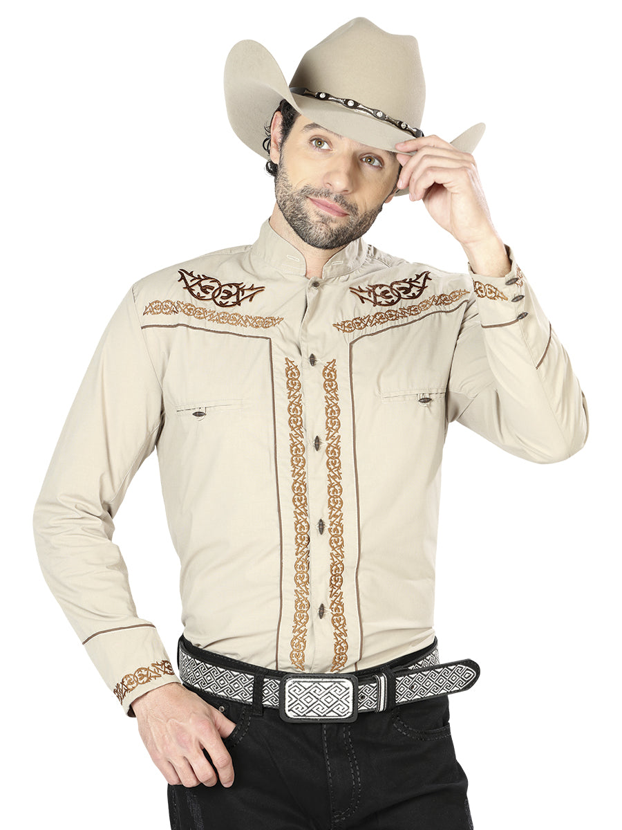 Charra Embroidered Long Sleeve Khaki Denim Shirt for Men 'The Lord of the Skies' - ID: 42877
