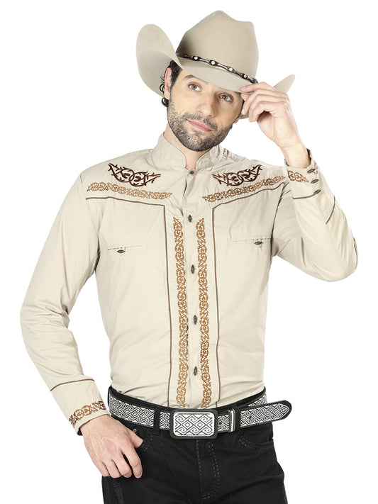 Khaki Long Sleeve Embroidered Charro Denim Shirt for Men 'El Señor de los Cielos' - ID: 42877 Western Shirt El Señor de los Cielos Khaki