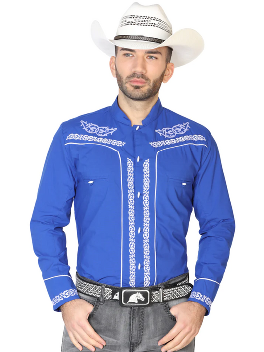 Charro Embroidered Long Sleeve Royal Blue Denim Shirt for Men 'El Señor de los Cielos' - ID: 42878 Western Shirt El Señor de los Cielos Royal Blue
